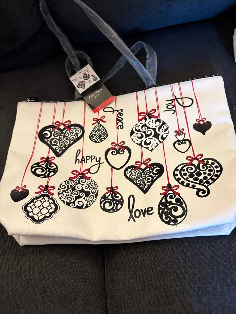 Brighton White Tote with Black Ornament Hearts and Red Ribbon Accents